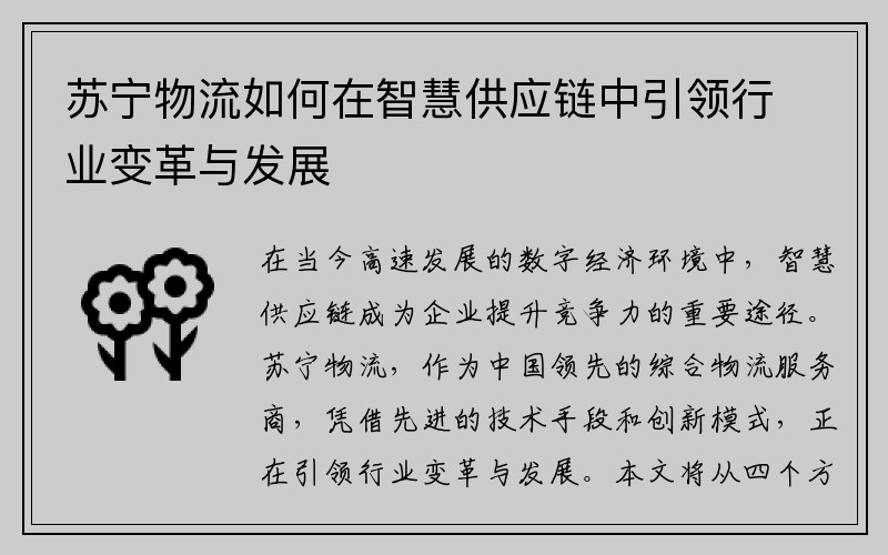 苏宁物流如何在智慧供应链中引领行业变革与发展